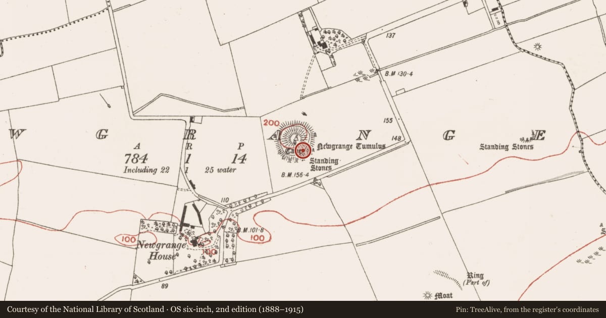 Ordnance Survey six-inch map, 2nd edition (1888–1915) covering the location of Ceremonial stone setting, Newgrange, County Meath, with a pin at the register's coordinates