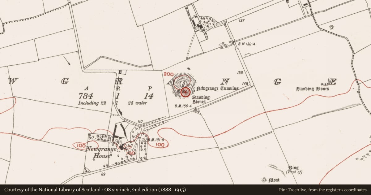 Ordnance Survey six-inch map, 2nd edition (1888–1915) covering the location of Hut site, Newgrange, County Meath, with a pin at the register's coordinates