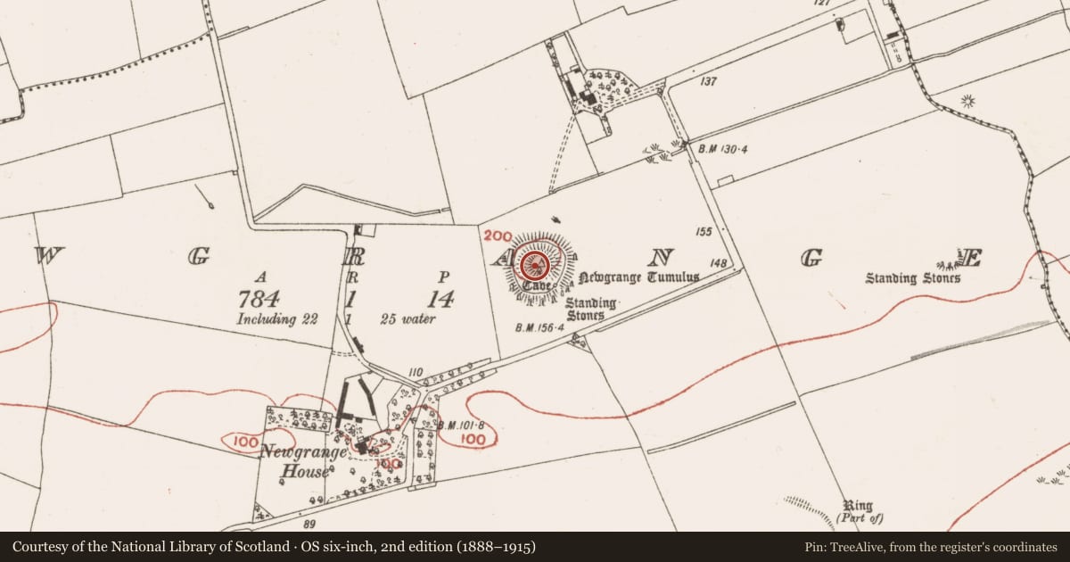 Ordnance Survey six-inch map, 2nd edition (1888–1915) covering the location of Stone circle, Newgrange, County Meath, with a pin at the register's coordinates