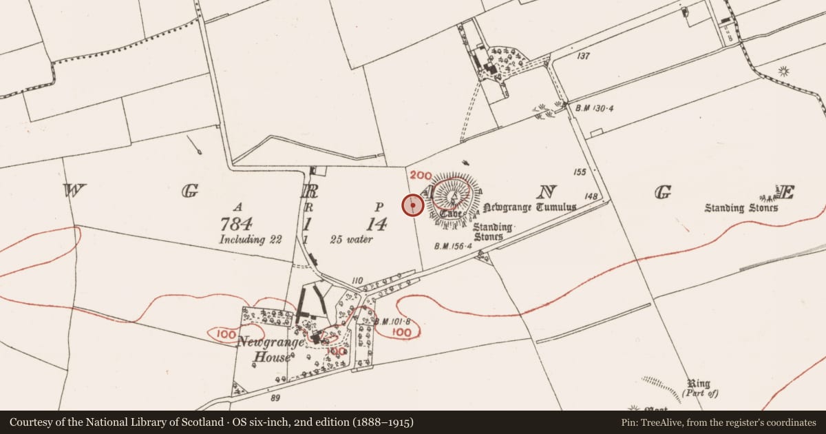 Ordnance Survey six-inch map, 2nd edition (1888–1915) covering the location of Timber circle, Newgrange, County Meath, with a pin at the register's coordinates