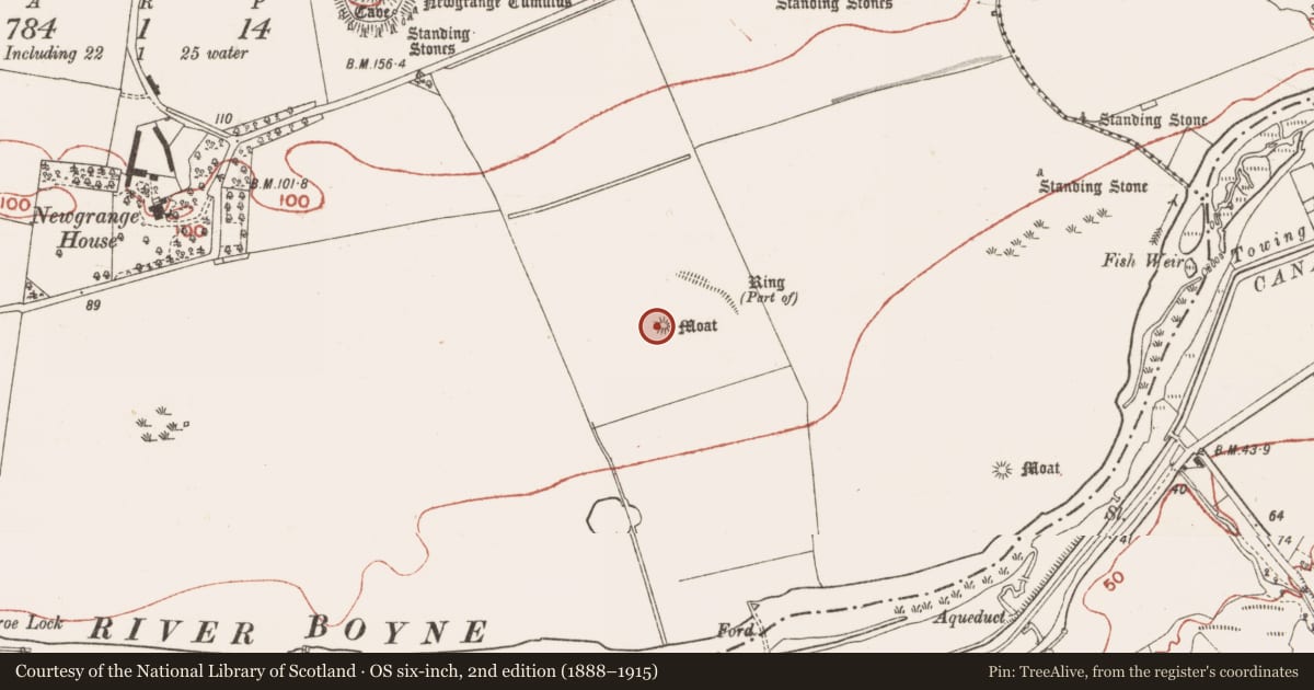 Ordnance Survey six-inch map, 2nd edition (1888–1915) covering the location of Barrow - mound barrow, Newgrange, County Meath, with a pin at the register's coordinates