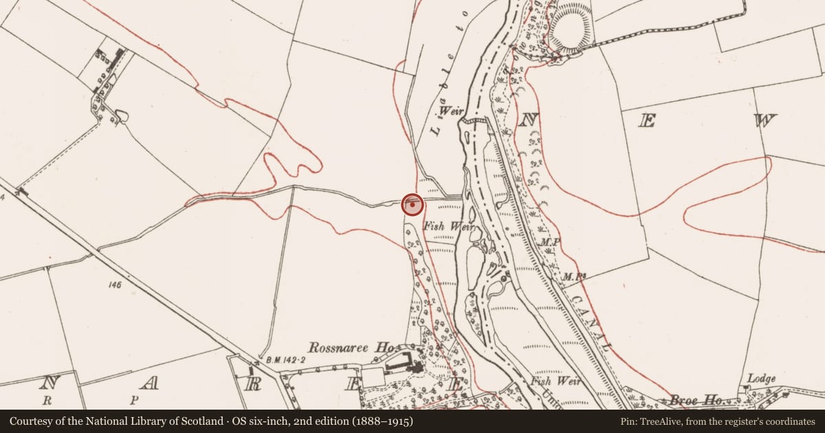 Ordnance Survey six-inch map, 2nd edition (1888–1915) covering the location of Barrow - mound barrow, Rossnaree, County Meath, with a pin at the register's coordinates