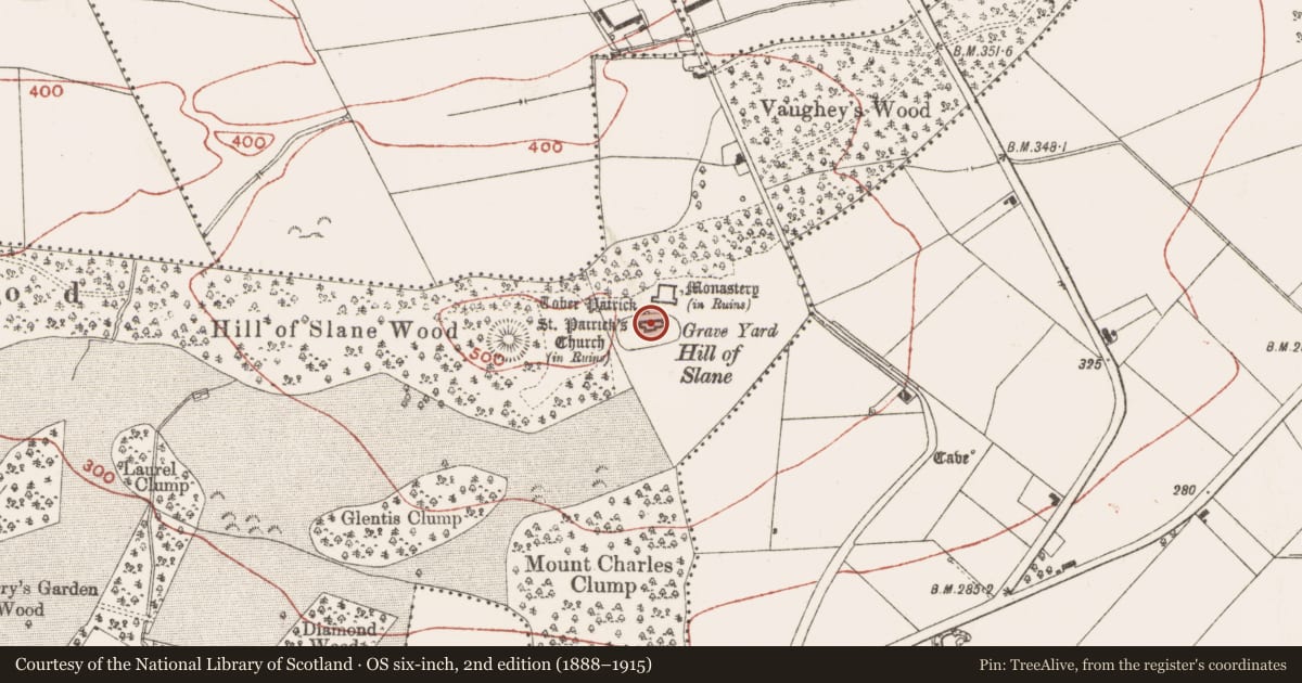 Ordnance Survey six-inch map, 2nd edition (1888–1915) covering the location of Church, Slanecastle Demesne, County Meath, with a pin at the register's coordinates