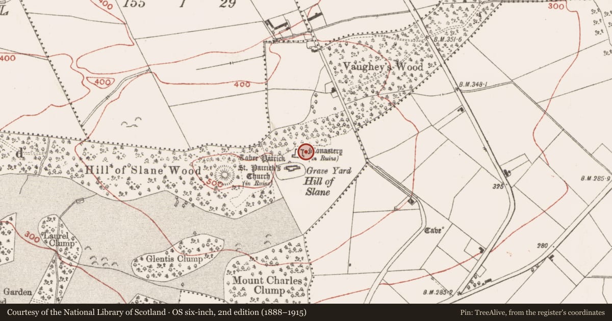 Ordnance Survey six-inch map, 2nd edition (1888–1915) covering the location of Gatehouse, Slanecastle Demesne, County Meath, with a pin at the register's coordinates