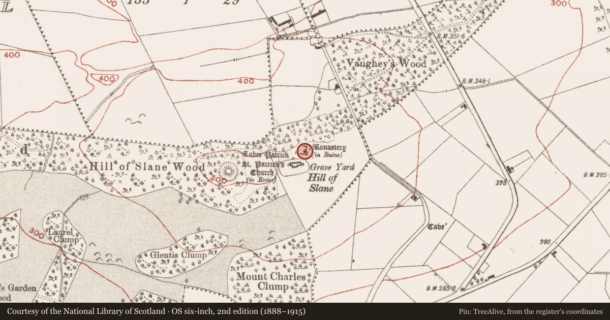 Ordnance Survey six-inch map, 2nd edition (1888–1915) covering the location of Castle - tower house, Slanecastle Demesne, County Meath, with a pin at the register's coordinates