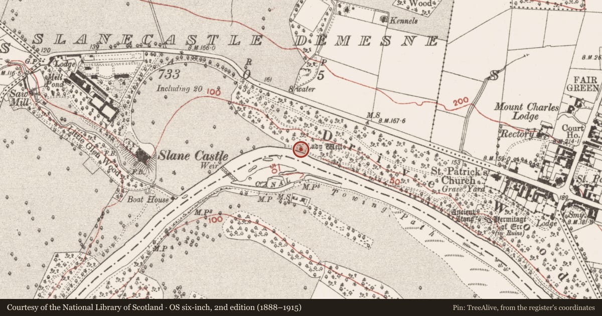 Ordnance Survey six-inch map, 2nd edition (1888–1915) covering the location of Ritual site - holy well, Slanecastle Demesne, County Meath, with a pin at the register's coordinates