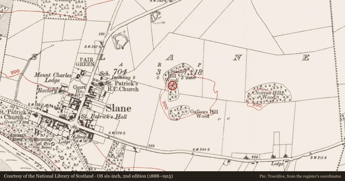 Ordnance Survey six-inch map, 2nd edition (1888–1915) covering the location of Enclosure, Slane, County Meath, with a pin at the register's coordinates