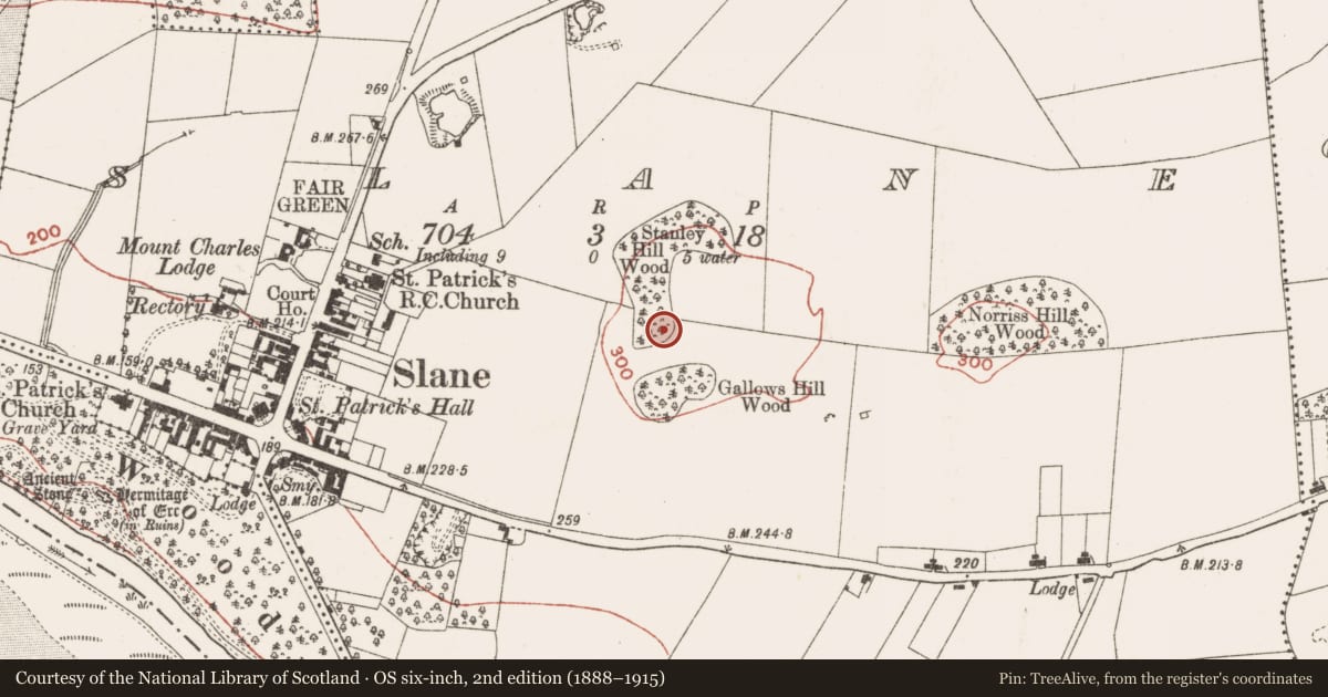 Ordnance Survey six-inch map, 2nd edition (1888–1915) covering the location of Enclosure, Slane, County Meath, with a pin at the register's coordinates