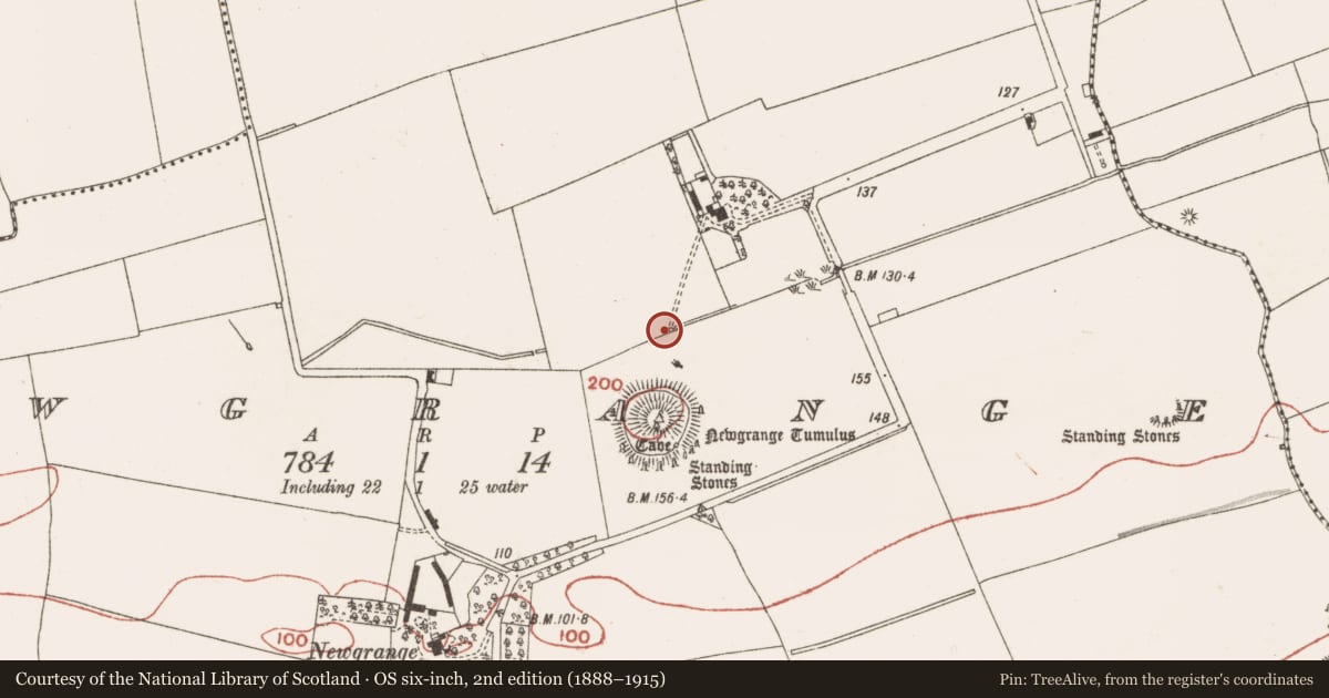 Ordnance Survey six-inch map, 2nd edition (1888–1915) covering the location of Architectural fragment, Newgrange, County Meath, with a pin at the register's coordinates