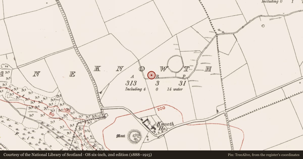 Ordnance Survey six-inch map, 2nd edition (1888–1915) covering the location of Mound, Knowth, County Meath, with a pin at the register's coordinates