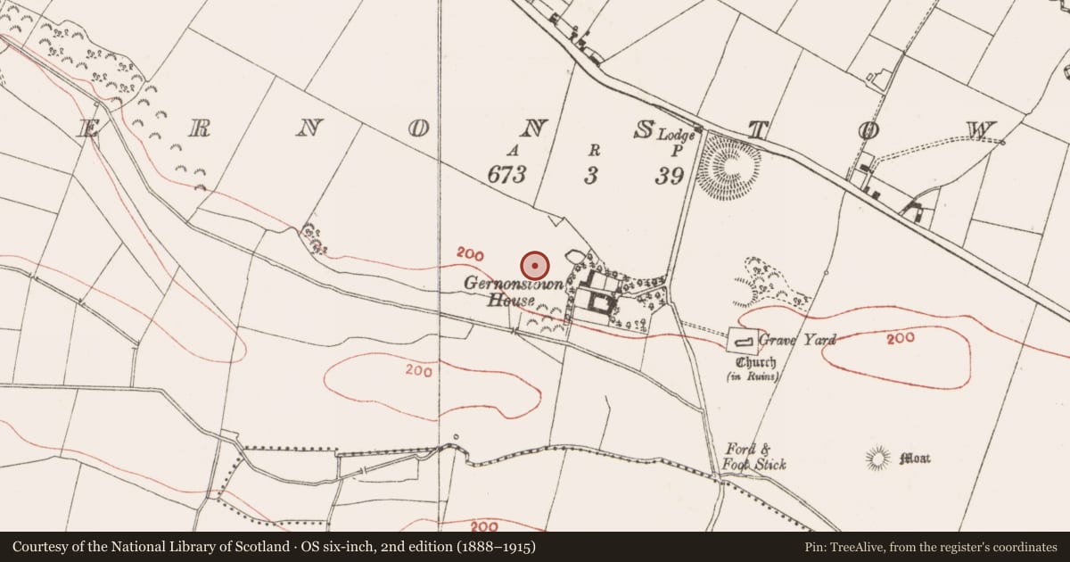 Ordnance Survey six-inch map, 2nd edition (1888–1915) covering the location of Barrow - stepped barrow, Gernonstown, County Meath, with a pin at the register's coordinates