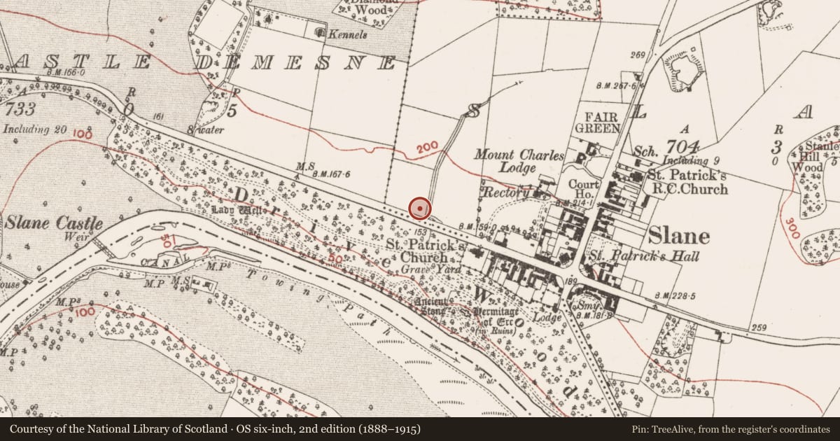Ordnance Survey six-inch map, 2nd edition (1888–1915) covering the location of Cross (present location), Slane, County Meath, with a pin at the register's coordinates