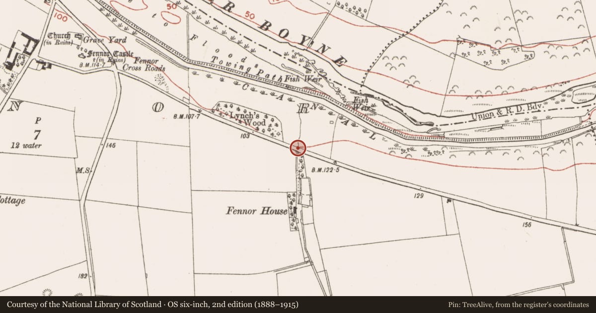Ordnance Survey six-inch map, 2nd edition (1888–1915) covering the location of Watercourse, Fennor, County Meath, with a pin at the register's coordinates