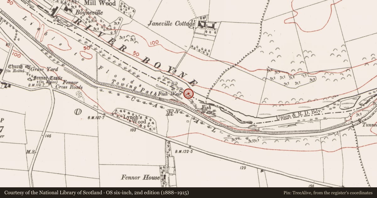 Ordnance Survey six-inch map, 2nd edition (1888–1915) covering the location of Weir - fish, Fennor, County Meath, with a pin at the register's coordinates