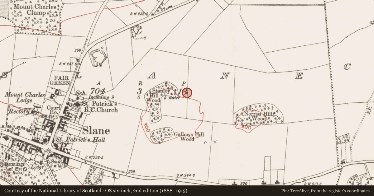 Ordnance Survey six-inch map, 2nd edition (1888–1915) covering the location of Linear earthwork, Slane, County Meath, with a pin at the register's coordinates