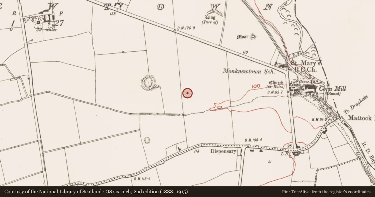 Ordnance Survey six-inch map, 2nd edition (1888–1915) covering the location of Enclosure, Monknewtown, County Meath, with a pin at the register's coordinates