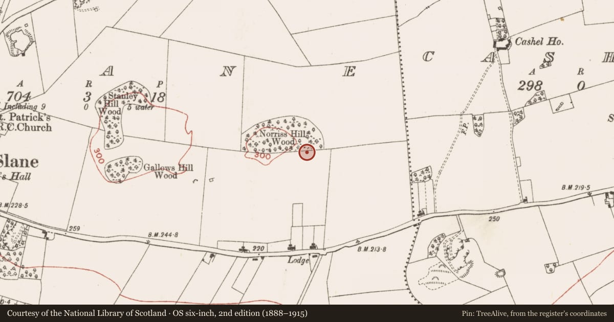 Ordnance Survey six-inch map, 2nd edition (1888–1915) covering the location of Enclosure, Slane, County Meath, with a pin at the register's coordinates