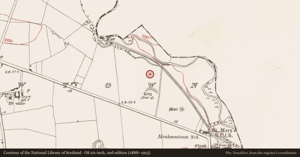 Ordnance Survey six-inch map, 2nd edition (1888–1915) covering the location of Field system, Monknewtown, County Meath, with a pin at the register's coordinates