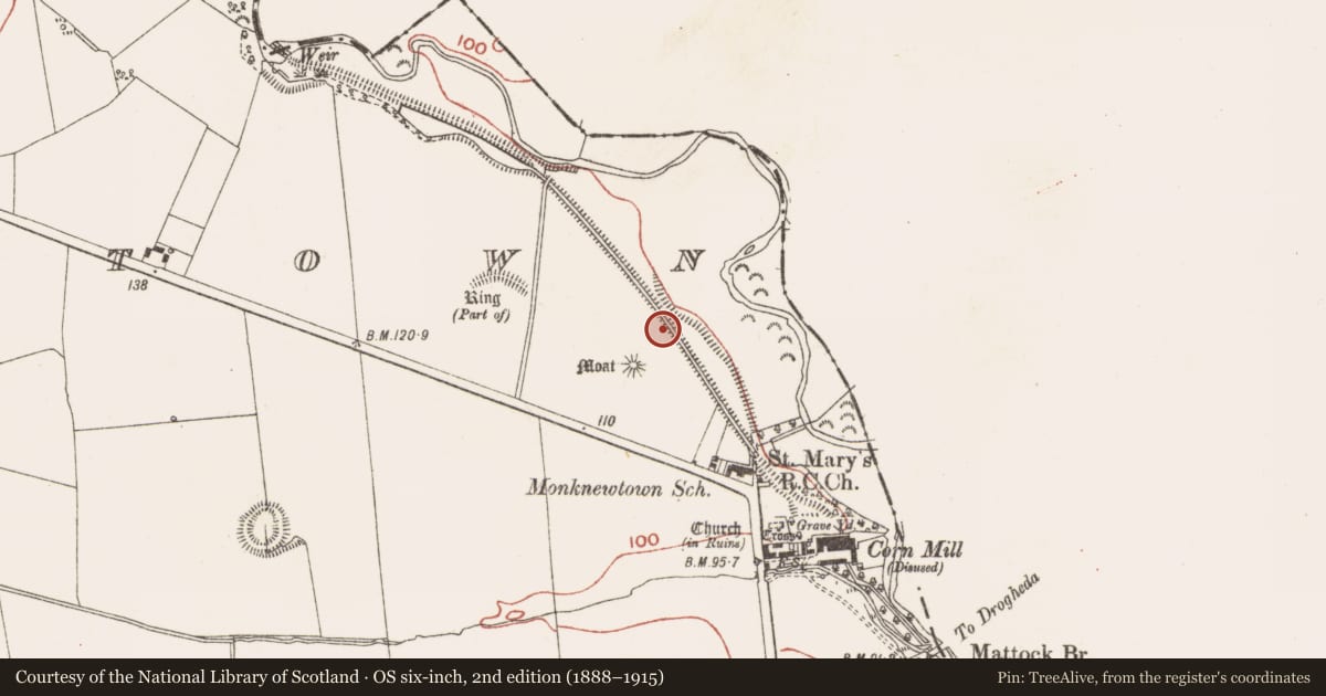 Ordnance Survey six-inch map, 2nd edition (1888–1915) covering the location of Ring-ditch, Monknewtown, County Meath, with a pin at the register's coordinates