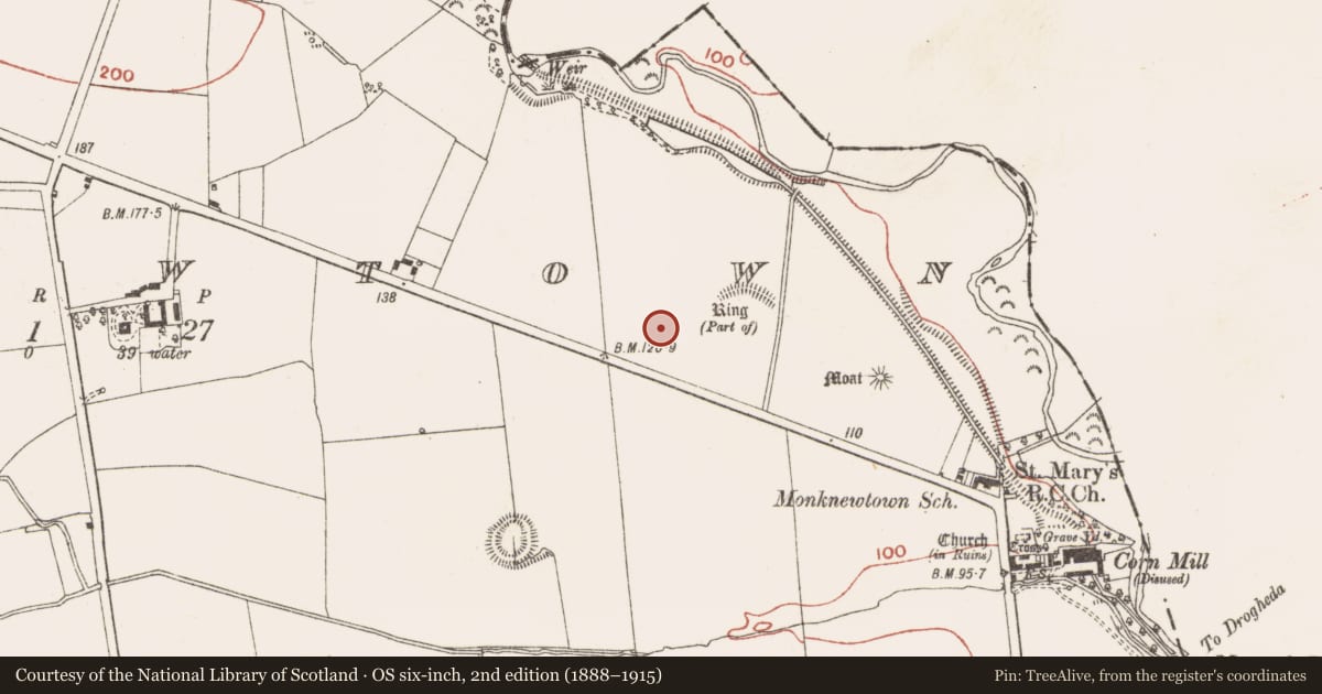 Ordnance Survey six-inch map, 2nd edition (1888–1915) covering the location of Road - road/trackway, Monknewtown, County Meath, with a pin at the register's coordinates