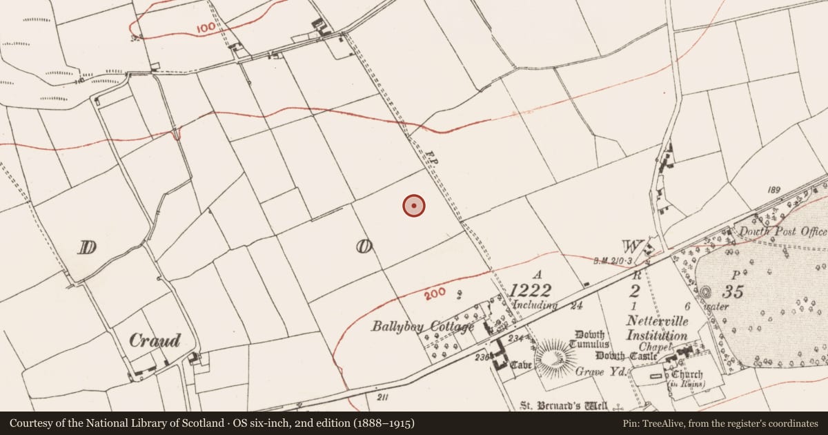 Ordnance Survey six-inch map, 2nd edition (1888–1915) covering the location of Linear earthwork, Dowth, County Meath, with a pin at the register's coordinates