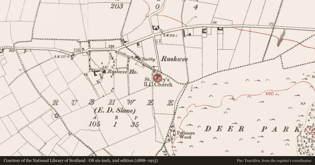 Ordnance Survey six-inch map, 2nd edition (1888–1915) covering the location of Font (present location), Rushwee, County Meath, with a pin at the register's coordinates