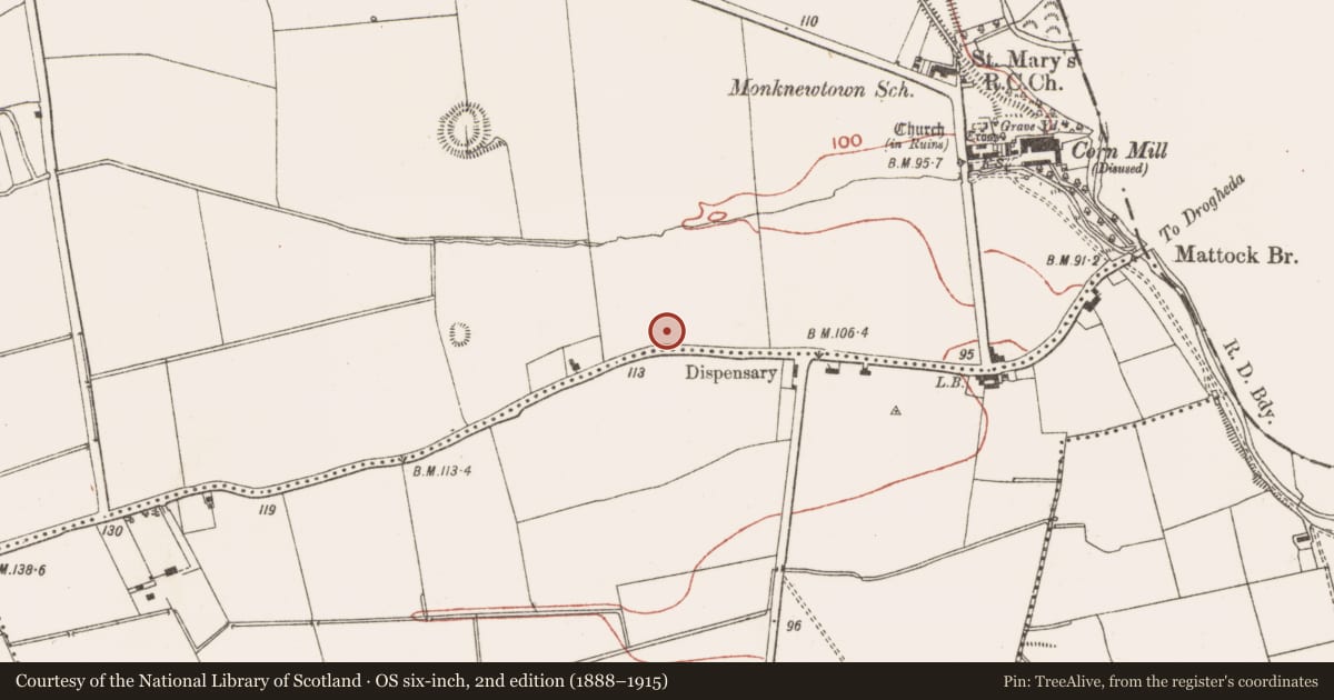 Ordnance Survey six-inch map, 2nd edition (1888–1915) covering the location of Ringfort - rath, Monknewtown, County Meath, with a pin at the register's coordinates