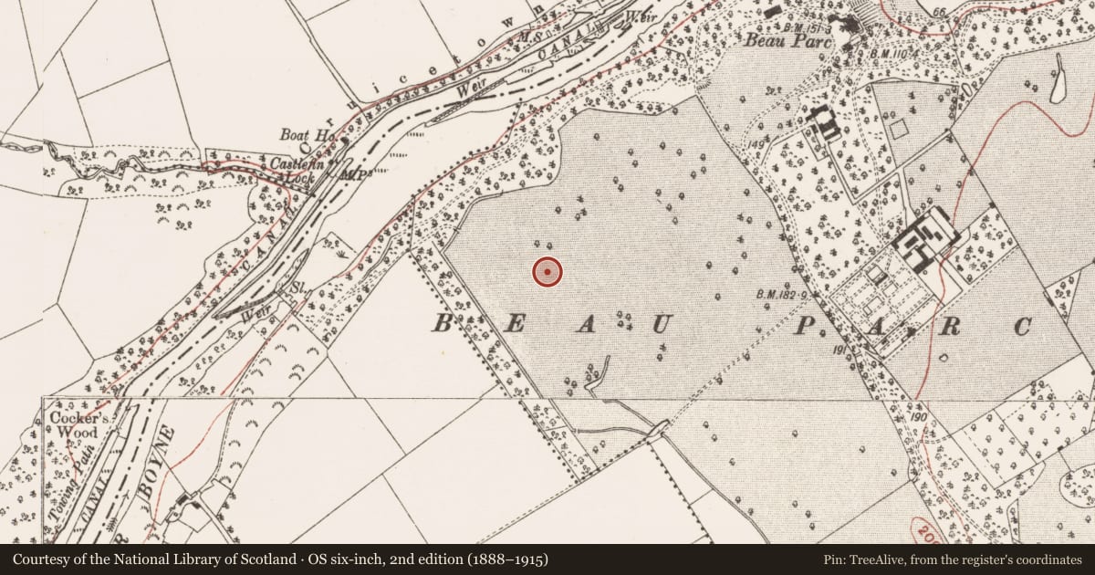 Ordnance Survey six-inch map, 2nd edition (1888–1915) covering the location of Enclosure, Dollardstown, County Meath, with a pin at the register's coordinates