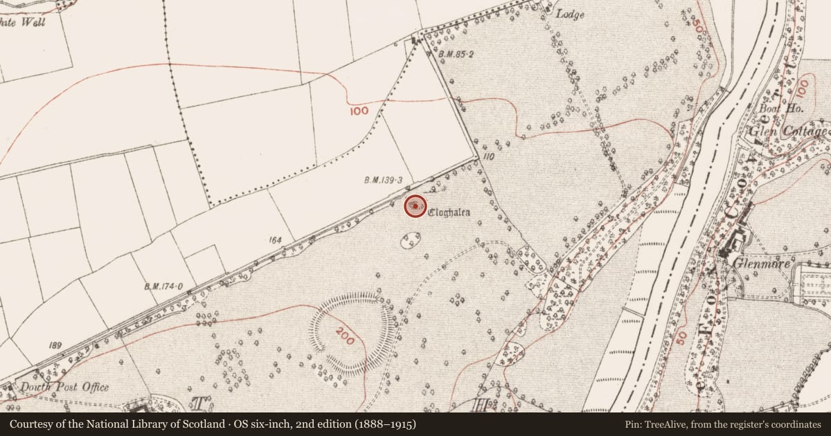 Ordnance Survey six-inch map, 2nd edition (1888–1915) covering the location of Stone circle, Dowth, County Meath, with a pin at the register's coordinates
