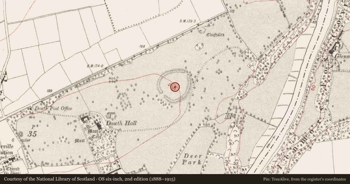 Ordnance Survey six-inch map, 2nd edition (1888–1915) covering the location of Henge, Dowth, County Meath, with a pin at the register's coordinates