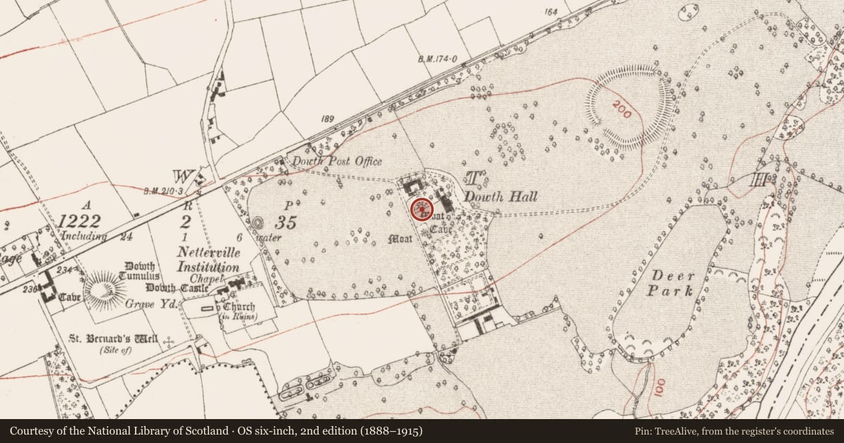 Ordnance Survey six-inch map, 2nd edition (1888–1915) covering the location of Megalithic tomb - passage tomb, Dowth, County Meath, with a pin at the register's coordinates