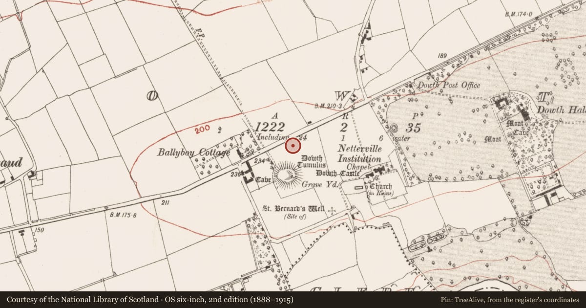 Ordnance Survey six-inch map, 2nd edition (1888–1915) covering the location of Field system, Dowth, County Meath, with a pin at the register's coordinates