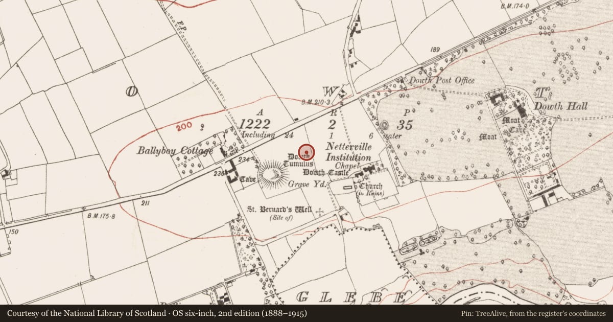 Ordnance Survey six-inch map, 2nd edition (1888–1915) covering the location of Megalithic tomb - unclassified, Dowth, County Meath, with a pin at the register's coordinates