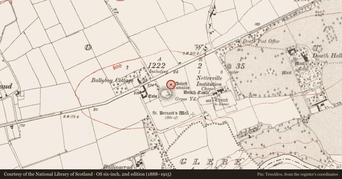 Ordnance Survey six-inch map, 2nd edition (1888–1915) covering the location of Road - hollow-way, Dowth, County Meath, with a pin at the register's coordinates