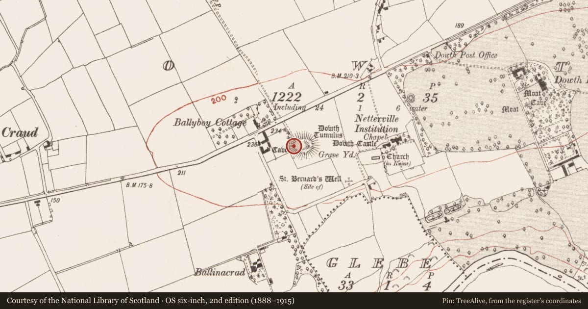 Ordnance Survey six-inch map, 2nd edition (1888–1915) covering the location of Souterrain, Dowth, County Meath, with a pin at the register's coordinates
