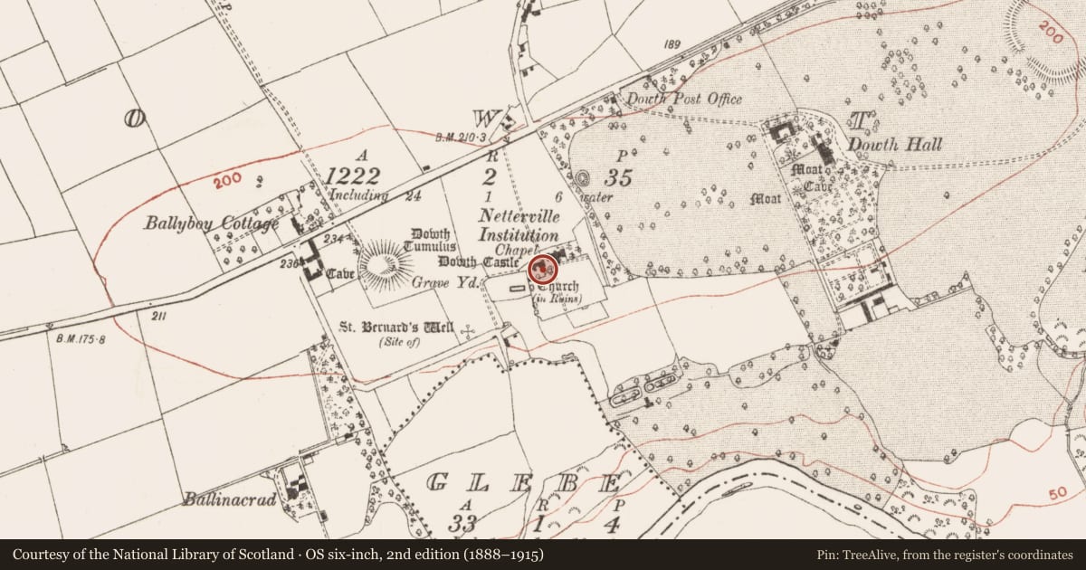 Ordnance Survey six-inch map, 2nd edition (1888–1915) covering the location of Castle - tower house, Dowth, County Meath, with a pin at the register's coordinates
