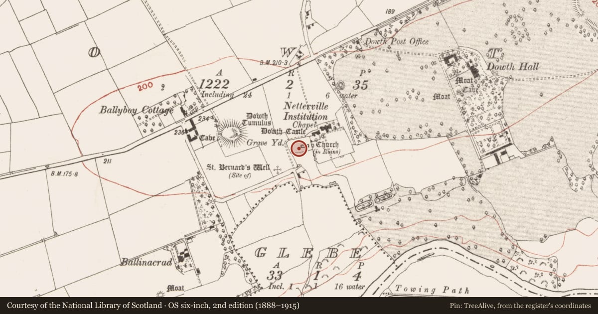 Ordnance Survey six-inch map, 2nd edition (1888–1915) covering the location of Graveyard, Dowth, County Meath, with a pin at the register's coordinates