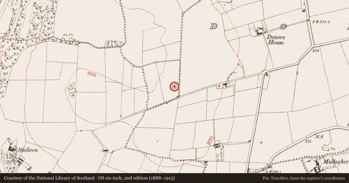 Ordnance Survey six-inch map, 2nd edition (1888–1915) covering the location of Fulacht fia, Sheephouse, County Meath, with a pin at the register's coordinates