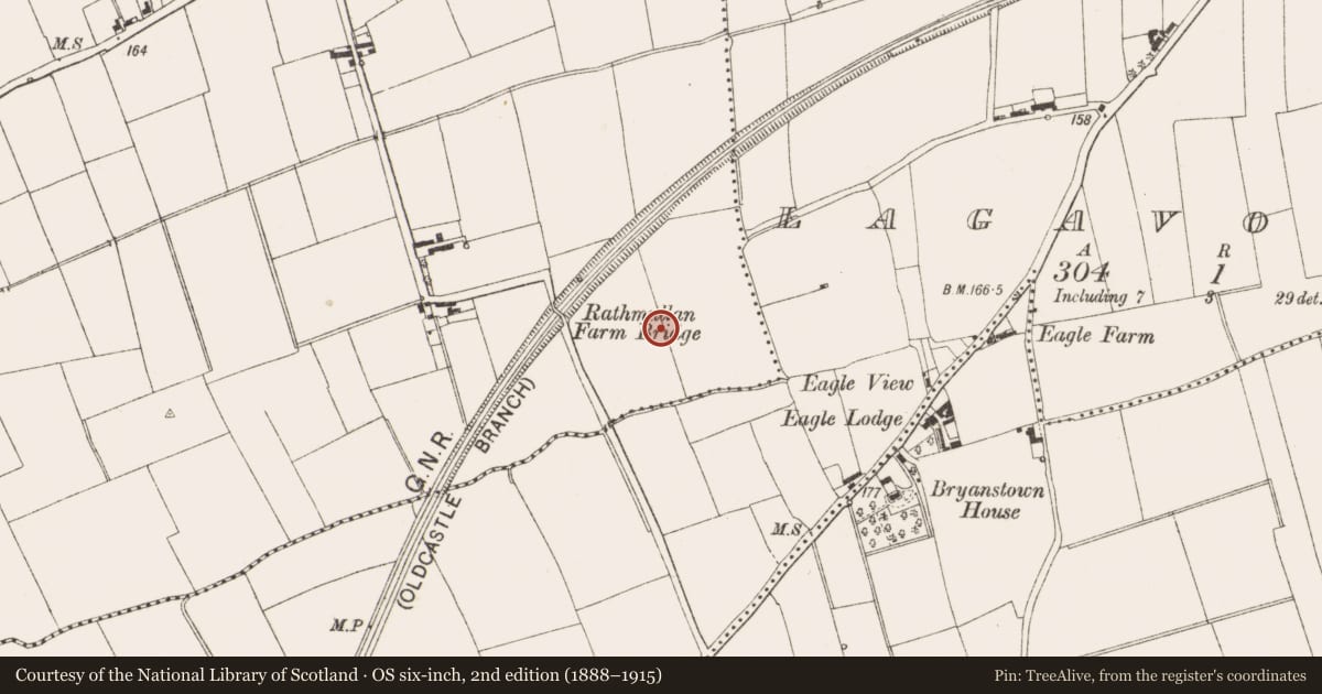 Ordnance Survey six-inch map, 2nd edition (1888–1915) covering the location of Field system, Rathmullan, County Meath, with a pin at the register's coordinates