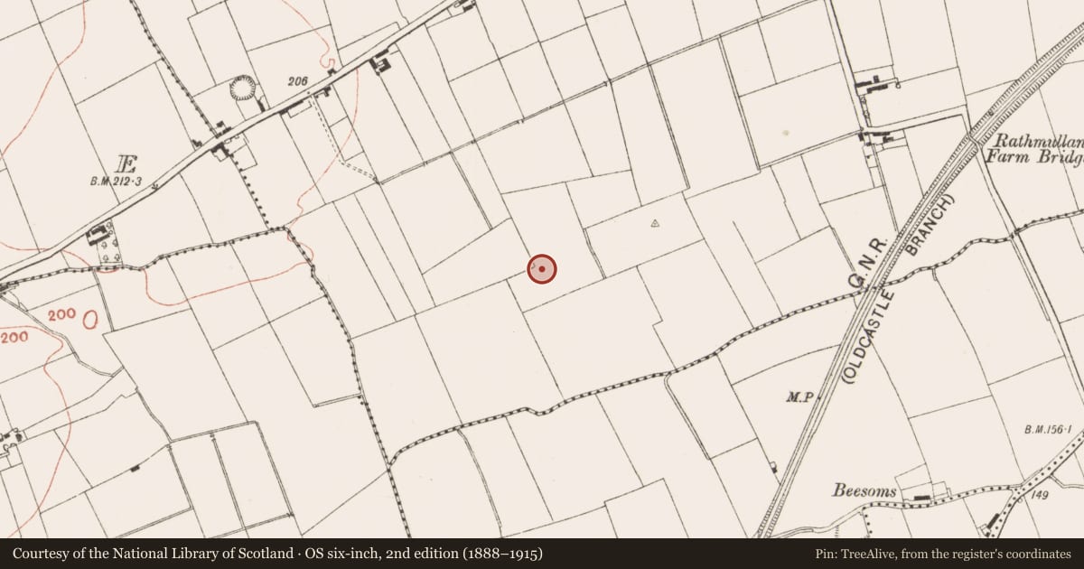 Ordnance Survey six-inch map, 2nd edition (1888–1915) covering the location of Habitation site, Rathmullan, County Meath, with a pin at the register's coordinates