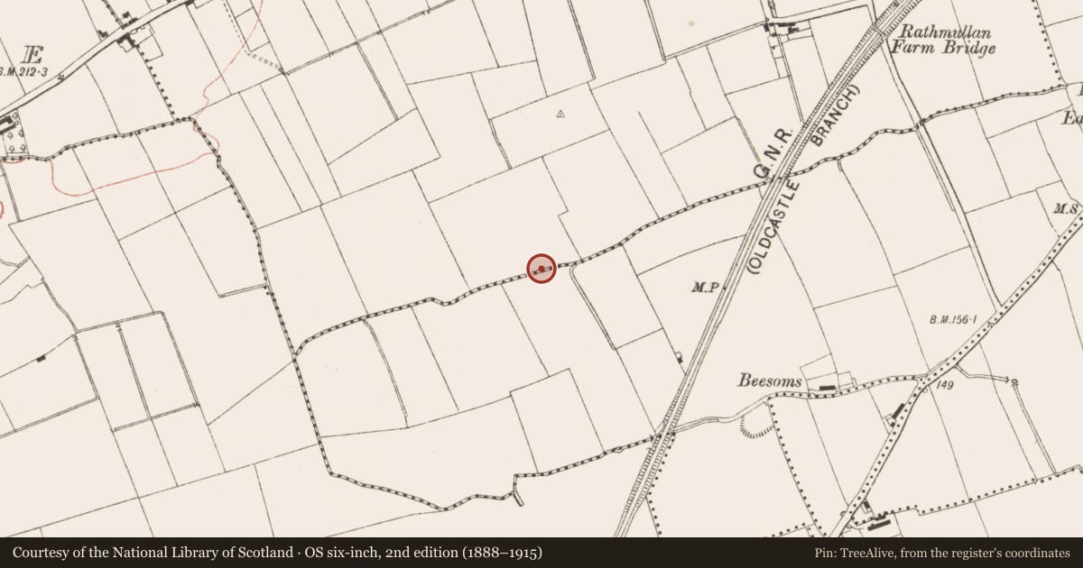 Ordnance Survey six-inch map, 2nd edition (1888–1915) covering the location of Fulacht fia, Rathmullan, County Meath, with a pin at the register's coordinates