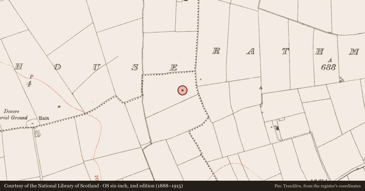 Ordnance Survey six-inch map, 2nd edition (1888–1915) covering the location of Fulacht fia, Donore, County Meath, with a pin at the register's coordinates