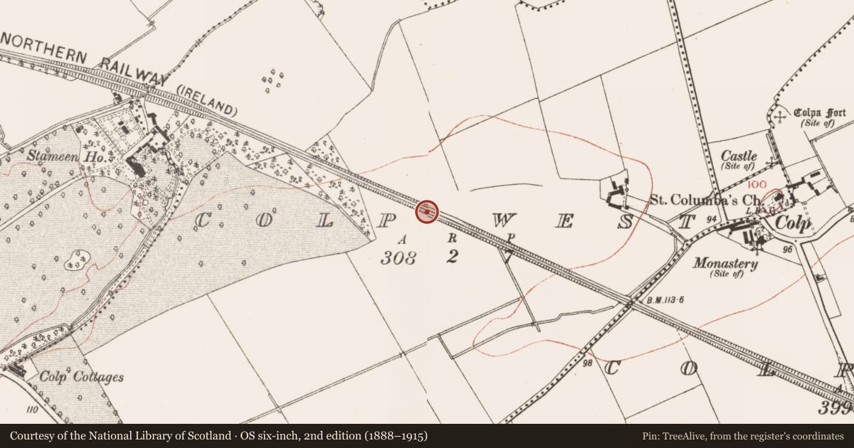 Ordnance Survey six-inch map, 2nd edition (1888–1915) covering the location of Ringfort - rath, Colp West, County Meath, with a pin at the register's coordinates