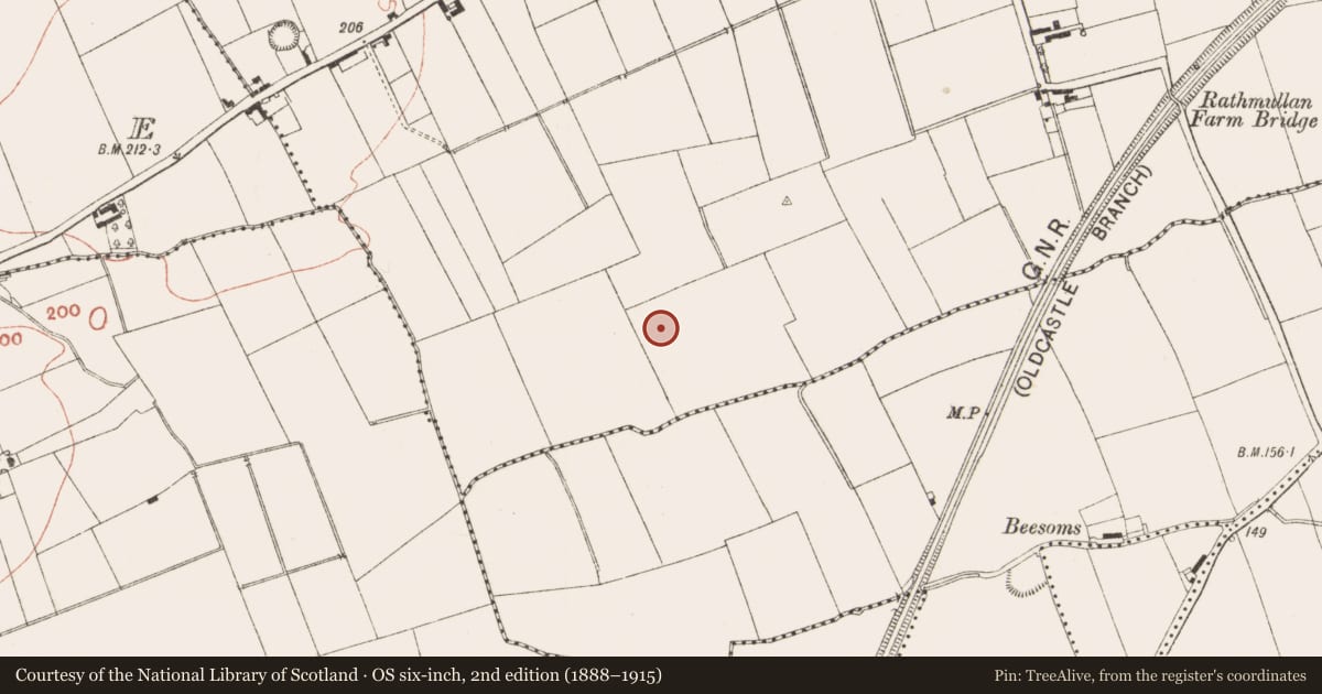 Ordnance Survey six-inch map, 2nd edition (1888–1915) covering the location of Habitation site, Rathmullan, County Meath, with a pin at the register's coordinates
