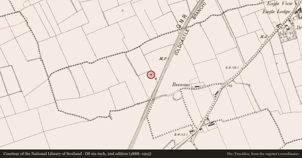 Ordnance Survey six-inch map, 2nd edition (1888–1915) covering the location of Barrow - embanked barrow, Lagavooren, County Meath, with a pin at the register's coordinates