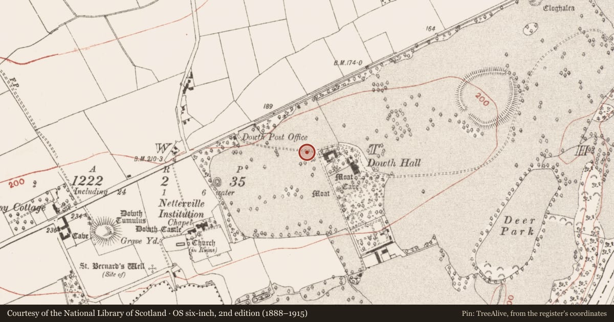 Ordnance Survey six-inch map, 2nd edition (1888–1915) covering the location of Passage tomb art, Dowth, County Meath, with a pin at the register's coordinates
