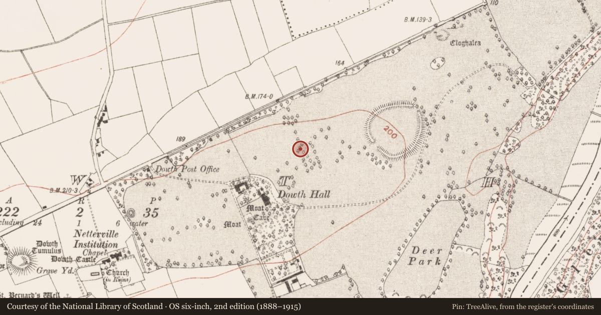 Ordnance Survey six-inch map, 2nd edition (1888–1915) covering the location of Barrow - ring-barrow, Dowth, County Meath, with a pin at the register's coordinates