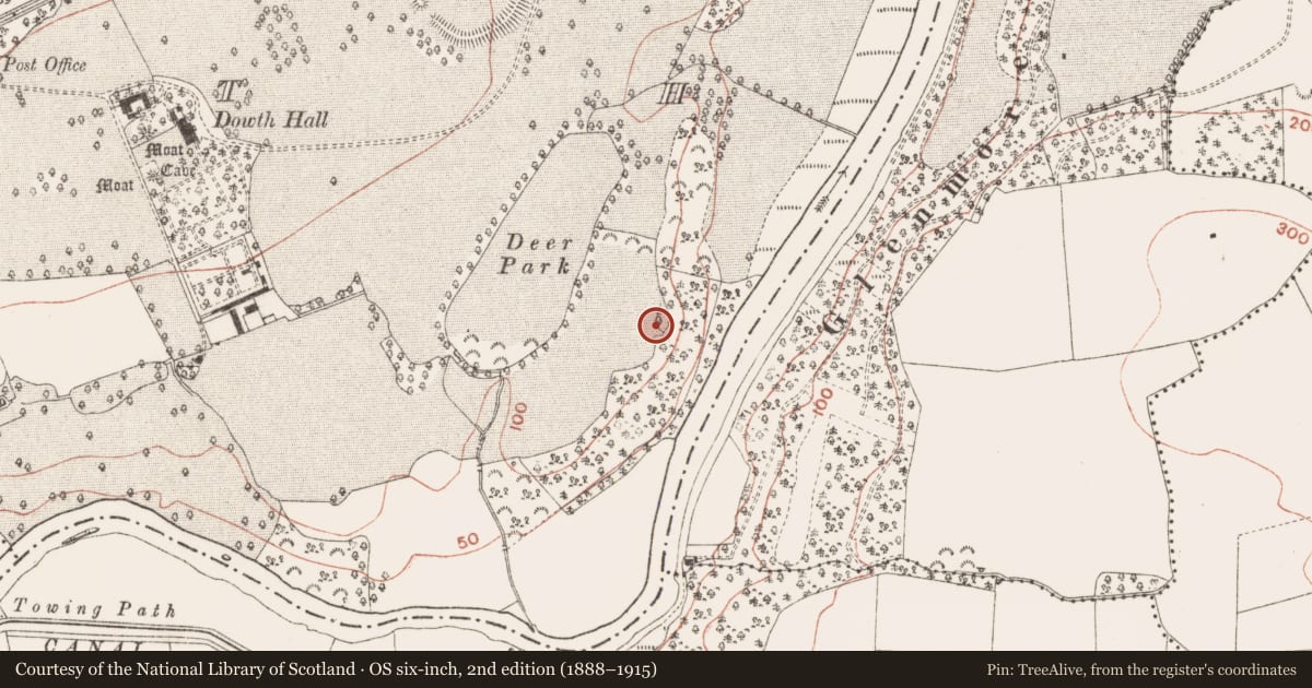 Ordnance Survey six-inch map, 2nd edition (1888–1915) covering the location of Concentric enclosure, Dowth, County Meath, with a pin at the register's coordinates
