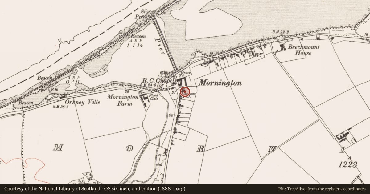 Ordnance Survey six-inch map, 2nd edition (1888–1915) covering the location of Settlement deserted - medieval, Mornington, County Meath, with a pin at the register's coordinates