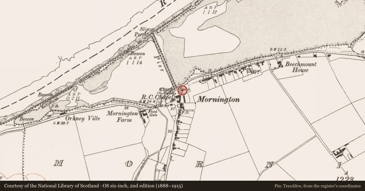Ordnance Survey six-inch map, 2nd edition (1888–1915) covering the location of Graveyard, Mornington, County Meath, with a pin at the register's coordinates